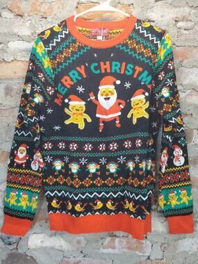 OFF THE RACK Unisex Ugly Christmas Sweater XS Black Multicolor Santa Gingerbread
